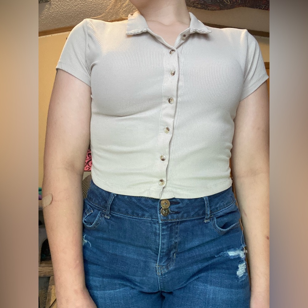 Just Pelly Tan Collared Crop Top